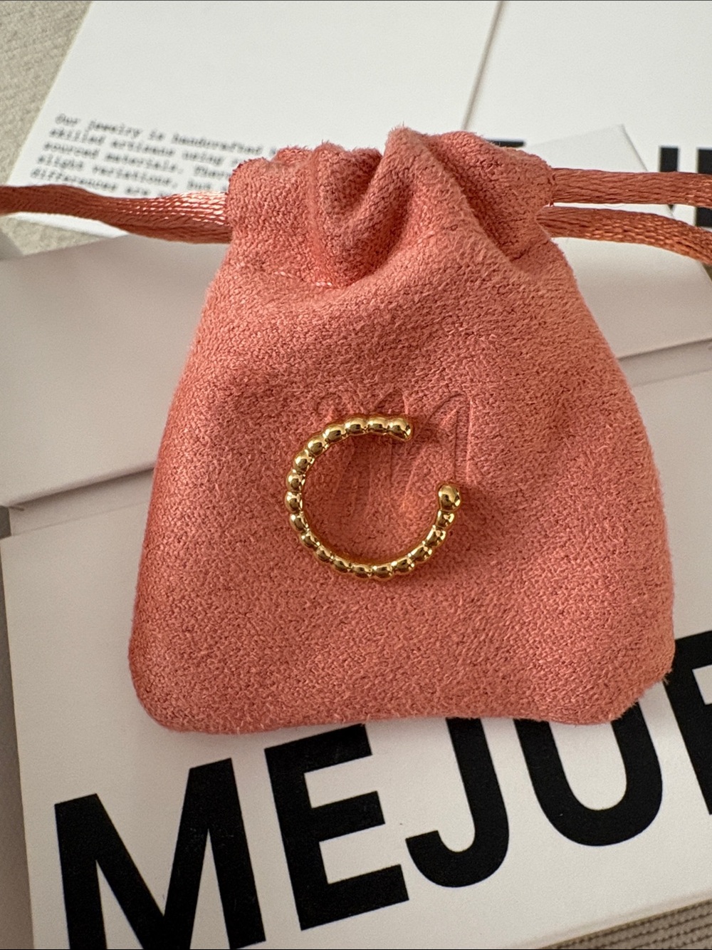 Gold vermeil Beaded  Earcuff- Pink Drawstring Pouch